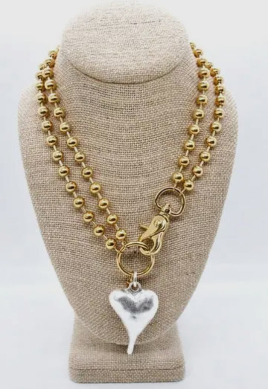Heavy Silver Heart Pendant Convertible Gold Chain Necklace