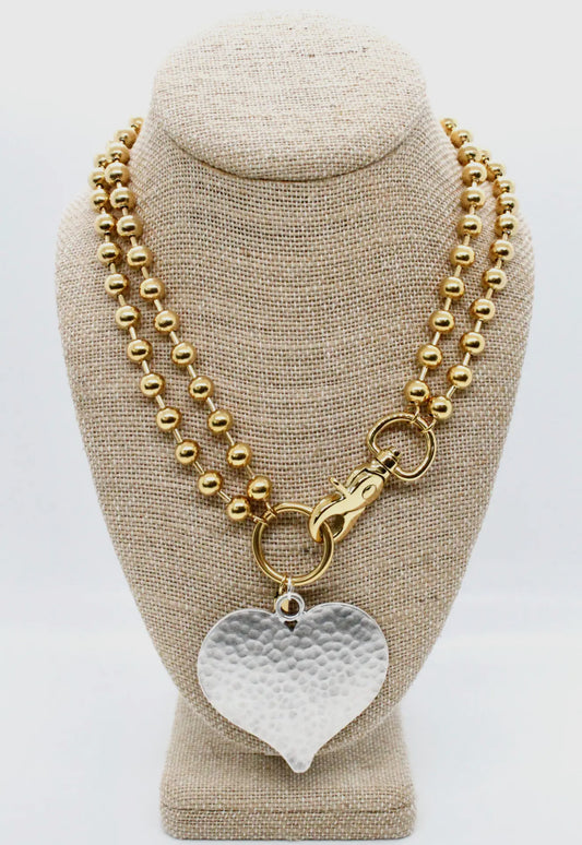 Double Large Hammered Heart Convertible Gold Chain Necklace