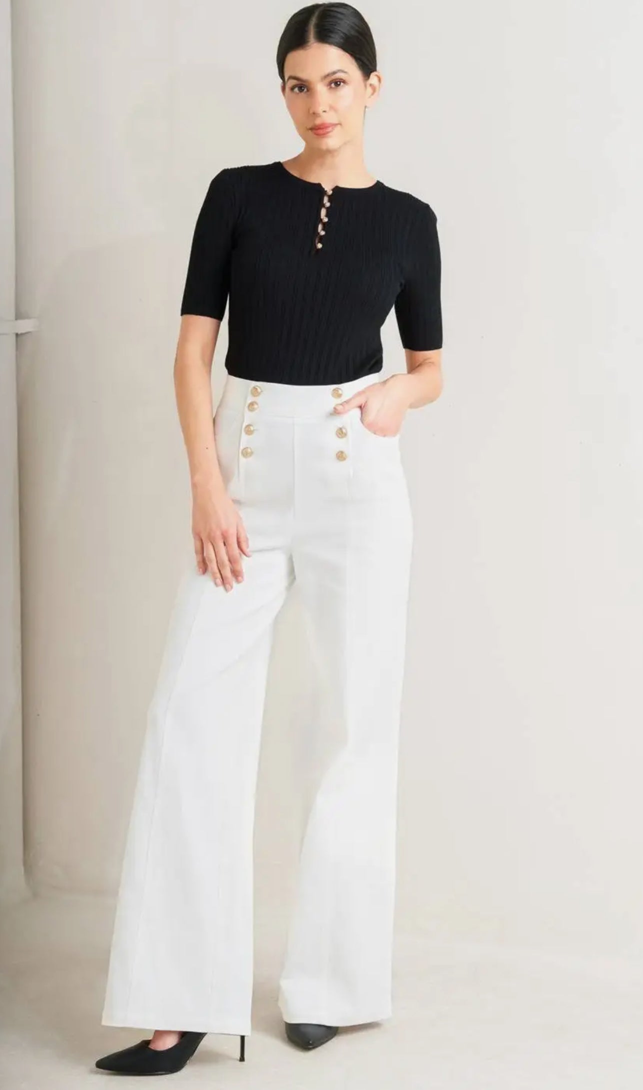 Lia High Waisted Button Accent Flare Pants
